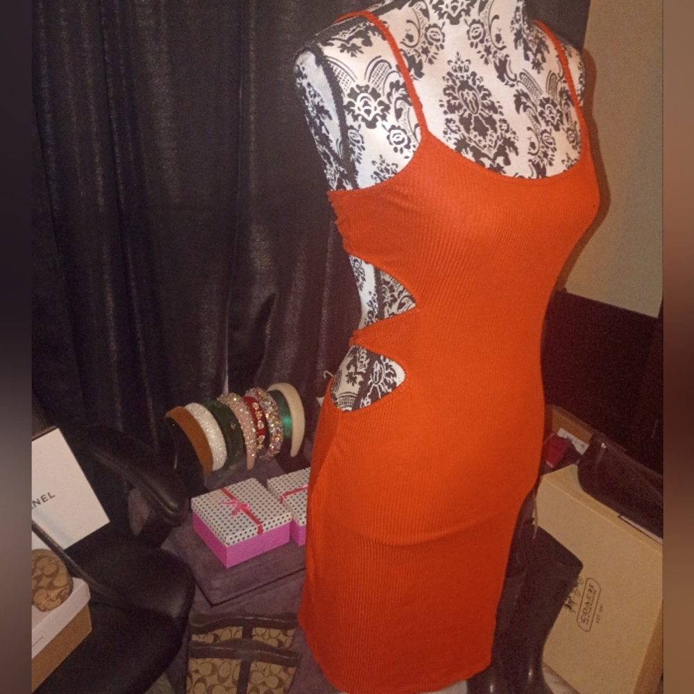 Women's Orange Ribbed Tank Sheath Dress